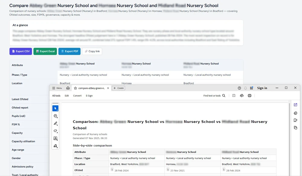 School comparison export for education consultancy reports