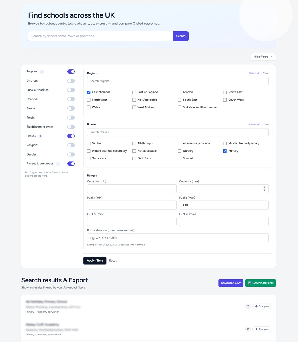 Advanced school filter & export tool for education consultants